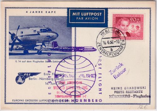 Berlin - PanAM 1st-flight/Schmuckkarte Berlin - Nürnberg 16.6.58