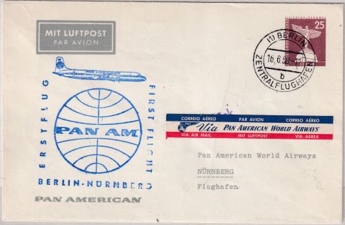 Berlin - PanAM 1st-flight 25 Pfg. Privatganzsache Berlin - Nürnberg 16.6.58