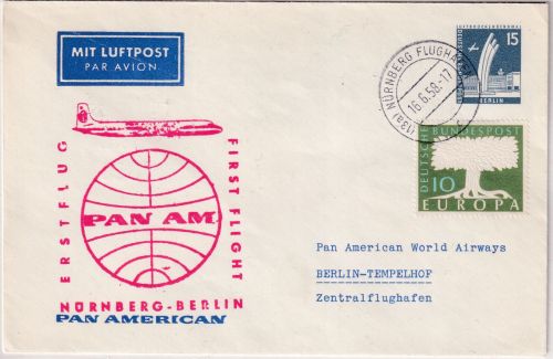 Berlin - PanAM 1st-flight 10 Pfg. Privatganzsache Nürnberg - Berlin 16.6.58