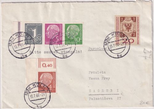 BRD - 1+5+10 Pfg. Heuss I/Ziffer Zusammendruck u.a. Brief Köln - Zagreb 1960