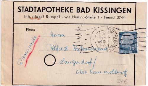BRD - 15 Pfg. Heuss I Warenprobe bis 100g/Vds. Bad Kissingen - Langendorf 1959