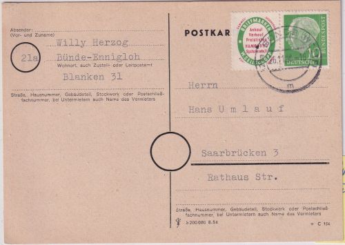 BRD - 10 Pfg. Heuss/Werbung Zusammendruck Karte Bünde - Saarbrücken 1956