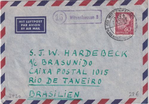 BRD - (16) Witzenhausen B Stadtpoststelle Ra1 Luftpostbrief n. BRASILIEN 1955