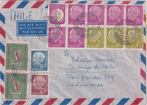 BRD - Heuss Heftchenblatt 6 u.a. Luftpostbrief n. CHILE Industriehof 1958