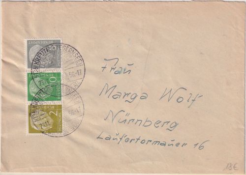 BRD - 2+10+8 Pfg. Heuss I Zusammendruck Brief Kreuth - Nürnberg 1956