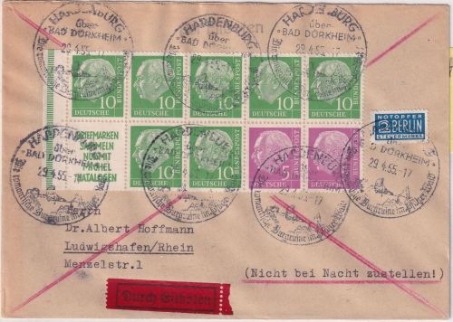 BRD - Heuss Heftchenblatt 4 Eilbrief Hardenburg ü. Bad Dürkheim 29.4.55