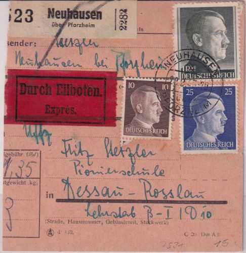 DR - 1 RM AH u.a. Eilpaketkarte Neuhausen ü. Pforzheim - Dessau/Pi-Schule 1943