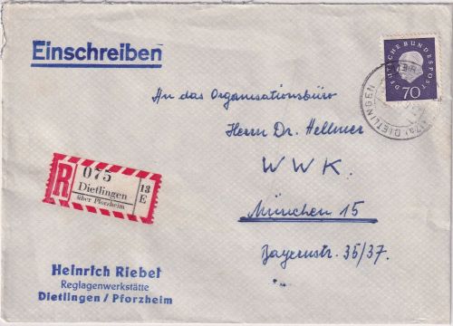 BRD - Dietlingen ü. Pforzheim Poststelle I Einschreibebrief n. München 1960