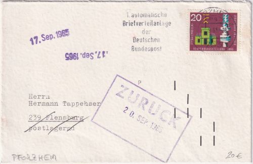 BRD - Pforzheim 1.9.65 1. autom. Briefverteilanlage Masch.werbestpl. Brief