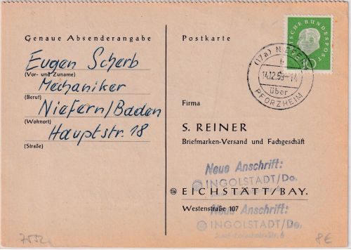 BRD - /17a) Niefern ü. Pforzheim Poststelle I Karte n. Ingolstadt 1959