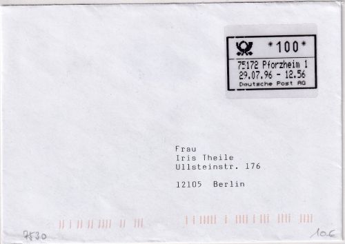 BRD - ABAS Versuch 100 Pfg. Brief Pforzheim - Berlin 29.7.96