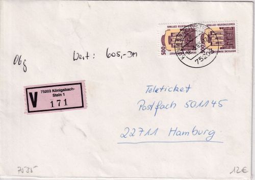 BRD - 2x500 Pfg. SWK Wertbrief Königsbach-Stein - Hamburg 1995
