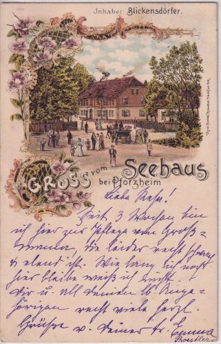 Baden - Pforzheim Gruss vom Seehaus Farblitho gelaufen 1902