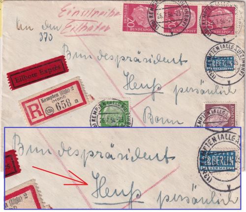 BRD - 60+10+3x20 Pfg. Heuss I Eil-Einschreibebrief Kempten Bonn 1954 ANSCHRIFT !