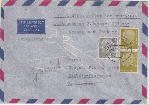 BRD - 8+2x2 Pfg Heuss I Luftpost-Drucksache Bremen - Hamburg 2.1.57