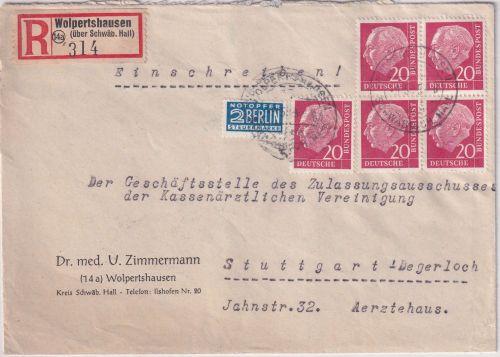 BRD - 5x20 Pfg Heuss I Einschreibebrief Wolpertshausen ü. Schwäb. Hall 1955