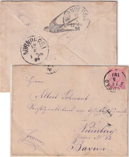 Württemberg - Wildbad 1884 Zierbrief (Schwalbe) n. Nürnberg