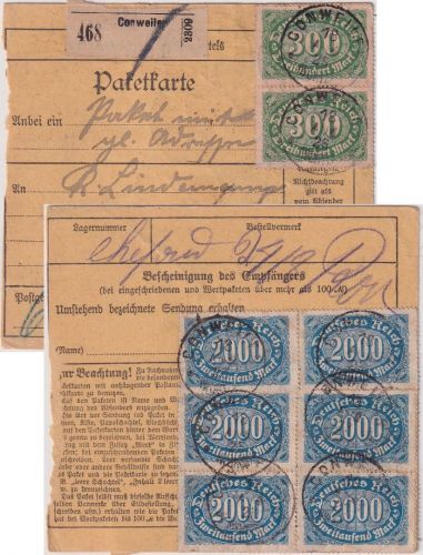 DR-Infla - 6x2.000+2x300 M. Queroval Paketkarte Conweiler - Hamburg 18. AUG 23