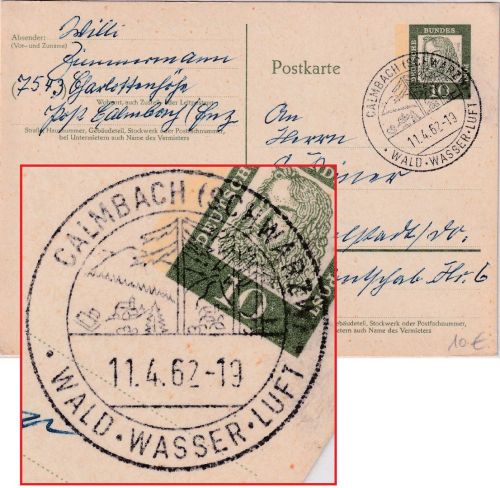 BRD - Calmbach 11.4.62 aptierter Handwerbestempel 10 Pfg Ganzsache n. Ingolstadt