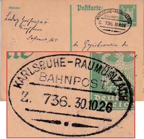 DR - Karlsruhe Raumünzach Bahnpost Z.736 5 Pfg, Ganzsache Forchheim 1926
