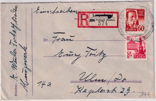FZ/Baden - 60+24 Pfg. Freimarken Einschreibebrief Forbach - Ulm 1948