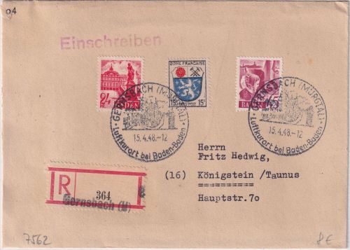 FZ/Baden - 45+24 Pfg. Freimarken +15 Pfg. Wappen Einschreibebrief Gernsbach 1948