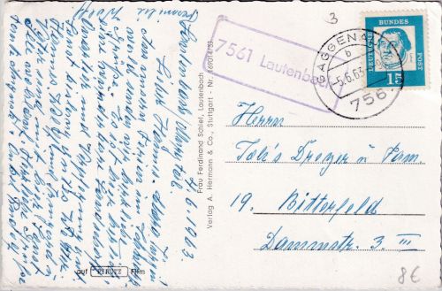 BRD - 7561 Lautenbach Ra1 Poststelle I Karte n. Bitterfeld 1963