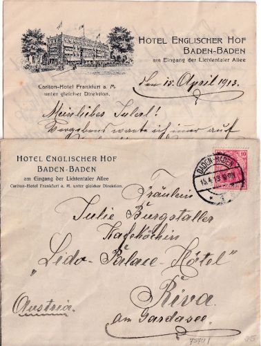 DR - Baden-Baden 1913 Brief m. Inhalt (illustrierter Briefkopf) n. Riva/Gardasee
