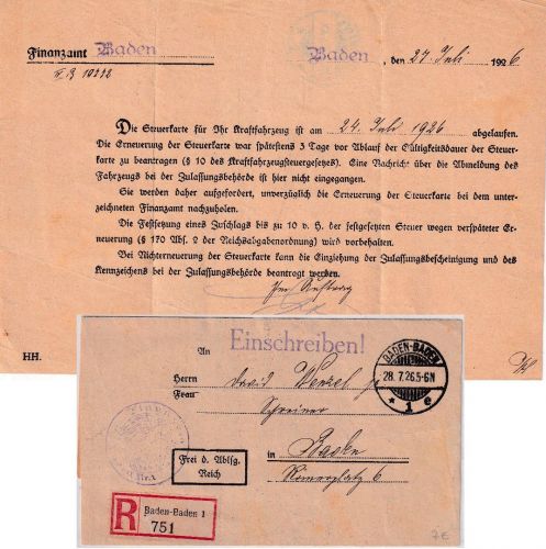 DR - Baden-Baden 1926 Frei d. Ablösung (Finanzamt)/Orts-Einschreibebrief