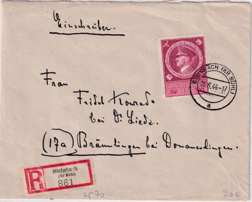 DR - 54 Pfg. 55.Geburtstag AH Einschreibebrief Steinbach - Bräunlingen 1944