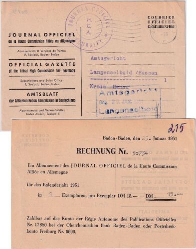 BRD - Baden-Baden 1951 portofreie Karte "Amtsblatt Alliierte Hohe Kommission"