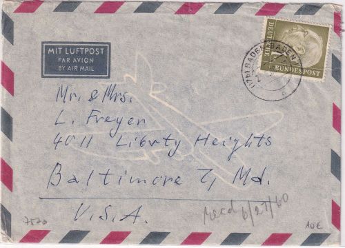 BRD - 1 DM Heuss I Luftpostbrief n. USA Baden-Baden - Baltimore 1960