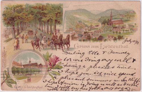 Baden - Lichtenthal Kloster etc. farb. Mehrbildlitho gelaufen n. USA 1898