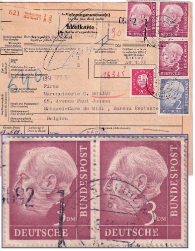 BRD - 3 DM Heuss I waagr. Paar ua. Paketkarte n. BELGIEN Steinheim ü. Hanau 1961