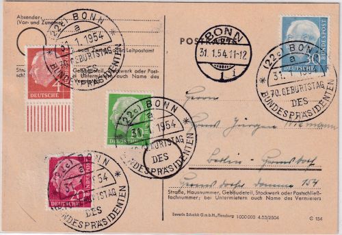 BRD - 30+20+10+4 Pfg, Heuss Ersttagskarte ESST Bonn 70. Geburtstag 31.1.54