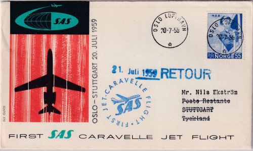 Norwegen - SAS 1st-flight Caravelle Oslo Stuttgart Schmuckkuvert 20.7.59