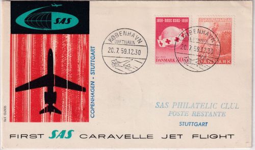 Dänemark - SAS 1st-flight Caravelle Copenhagen Stuttgart Schmuckkuvert 20.7.59