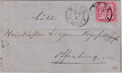 Baden - 3 Kr. Wappen Brief K2 Bühl G.B. 20/6 - Offenburg 1866 - mit Inhalt