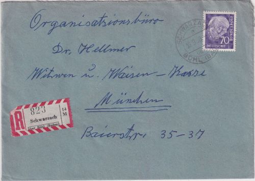 BRD - Schwarzach ü. Bühl Poststelle I Einschreibebrief n. München 1958