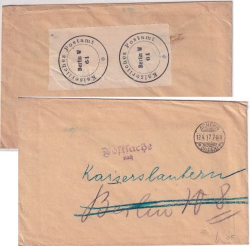 DR - Achern (Baden) 1917 Postsache n. Berlin - Weiterleitung n. Kaiserlautern