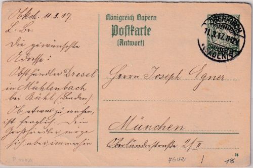 DR - Oberkirch 1917 Fremdentwertung 7 1/2 Pfg. Hupp Ganzsache/A-Teil n. München