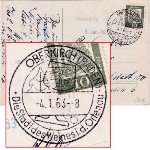 BRD - Oberkirch 4.1.63 aptierter Handwerbestempel Karte n. Ingolstadt
