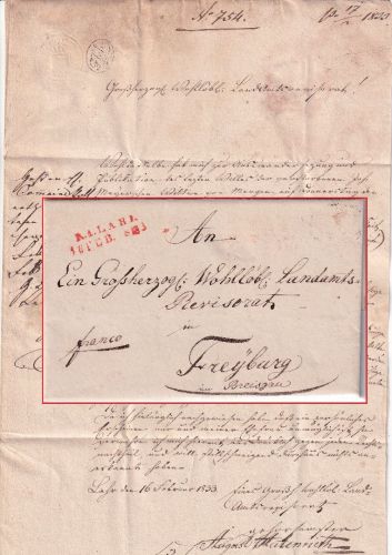 Baden - Lahr R1 16. FEB 1833 roter L2 Francobrief n. Freiburg - mit Inhalt