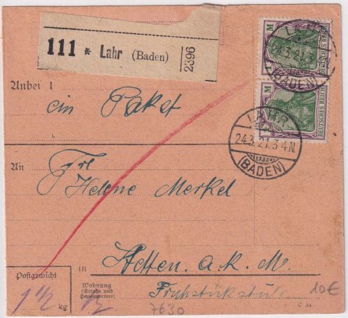 DR - 2x1 M. Germania Paketkarte Lahr - Stetten a.k.M. 1921