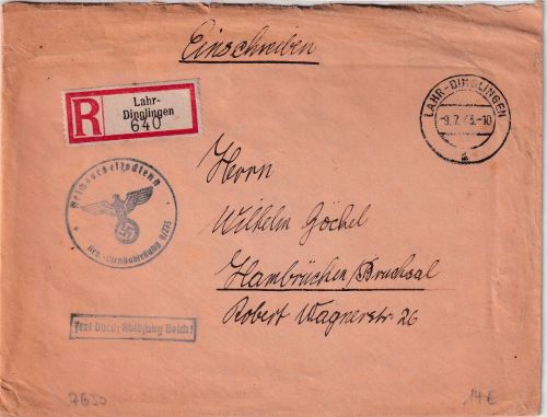 DR - Lahr-Dinglingen 1943 Frei d. Ablösung Einschreibebrief Reichsarbeitsdienst