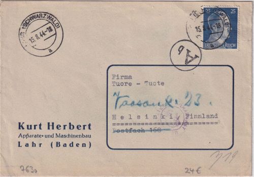 DR - 25 Pfg. AH Zensurbrief n. Finnland Lahr - Helsinki 1944 Durchlaufzensur Ab