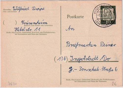 BRD - (17b) Friesenheim ü. Lahr Poststelle I Ganzsache n. Ingolstadt 1962