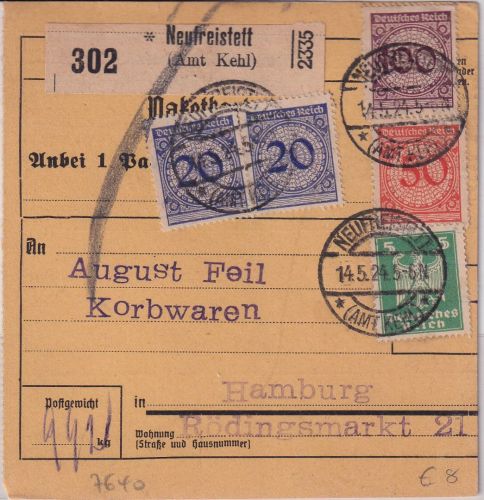 DR - 100 Pfg. Korbdeckel u.a. Paketkarte Neufreistett n. Hamburg 1924