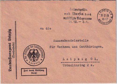 DR - Leipzig 1935 Frei d. Ablösung Ortsbrief Landesfinanzamt (Devisenstelle)