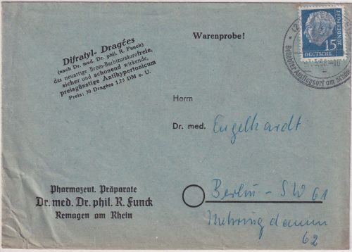 BRD - 15 Pfg. Heuss I Warenprobe Remagen - Berlin 1958